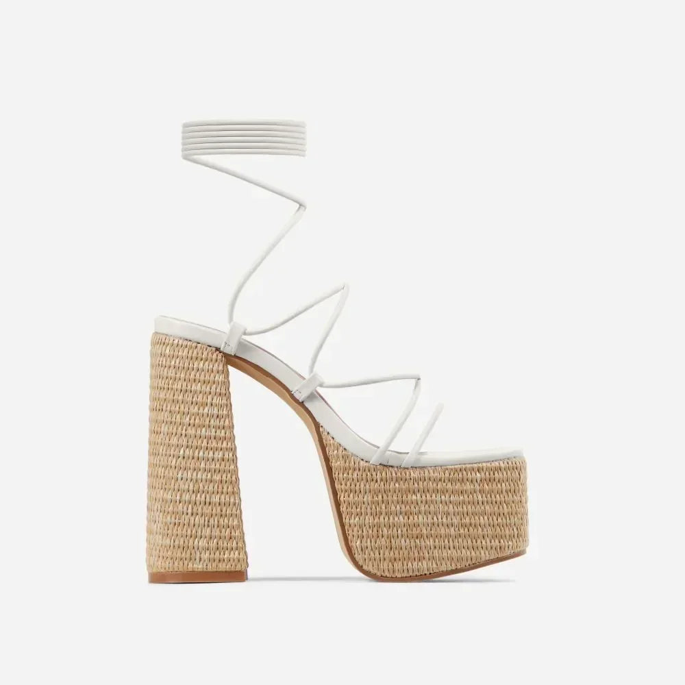 Woven Platform Lace Up Strappy Sandals Block Heel Open Toe Solid Color Sexy Roman Style Women Shoes Summer 2026 New Arrivals