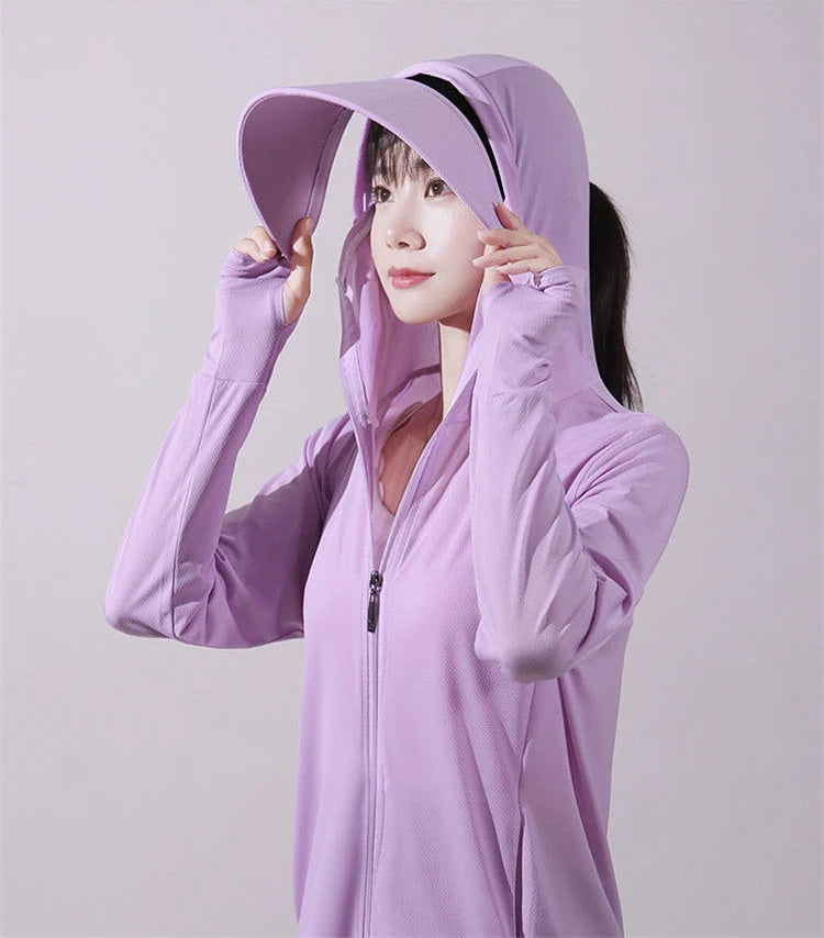 Summer Women Sun Protection Jacket Removable Brim Quick Dry Long Sleeve Anti-UV Female Hooded Hiking Jacket Beach Sweatshirt