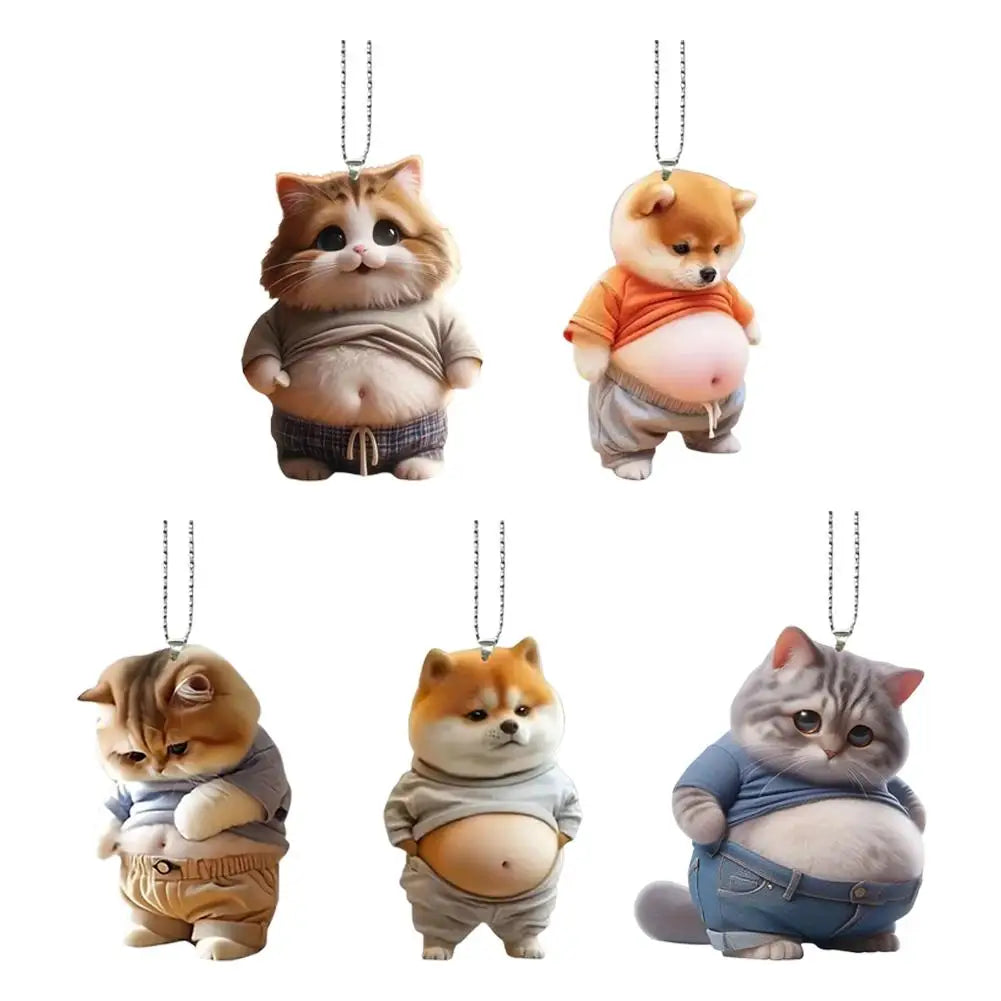 Fat Cat/Dog  Keychain 2D Flat Acrylic Cartoon Dog Kitten Ornament Car Mirror Backpacks Hanging Pendant For Home Decor