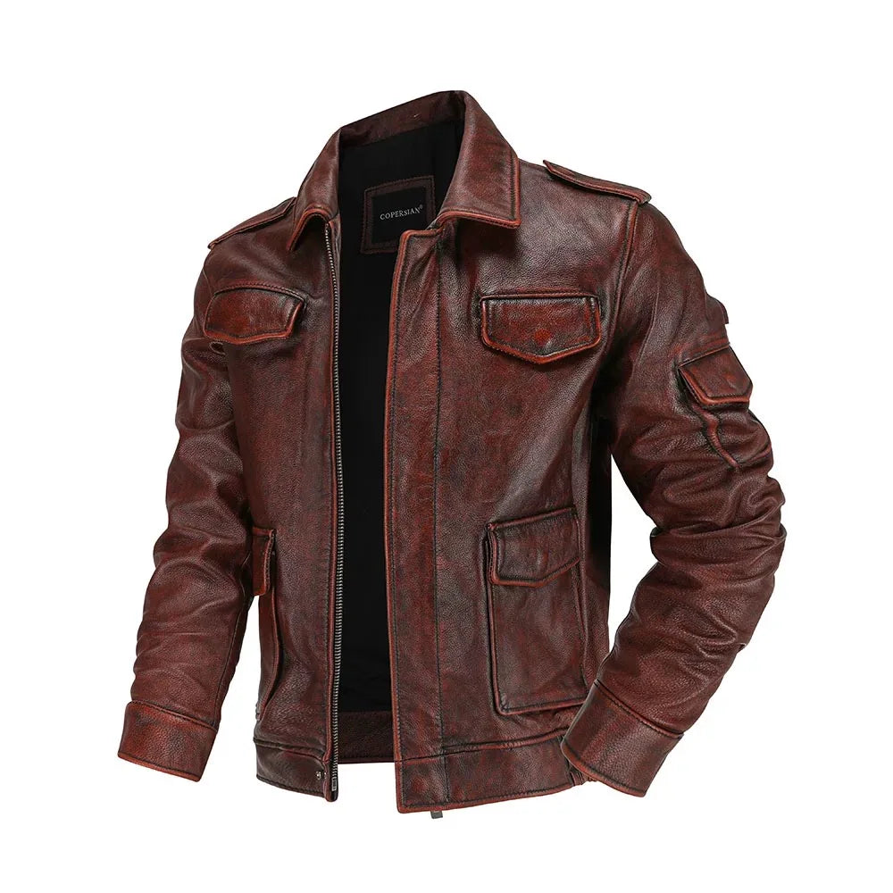 M65 Top Layer Cowhide Jacket  Fashion SlimFit Stand Collar Leisure Bomber Jacket 100% Genuine Leather Men's Vintage Short