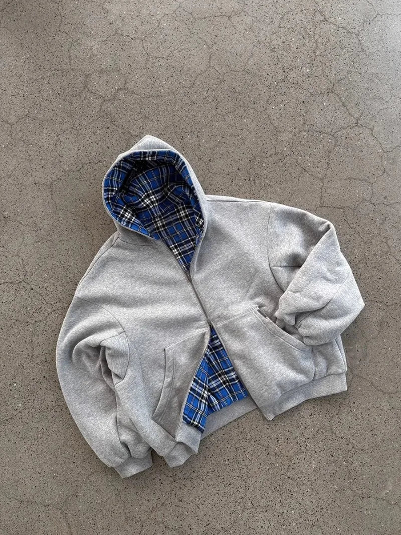 Oversized Reversible Hoodies Men Street Casual Spring Clothes Hoodie with Plaid Lining Solid Color Sweatshirt Streetwear