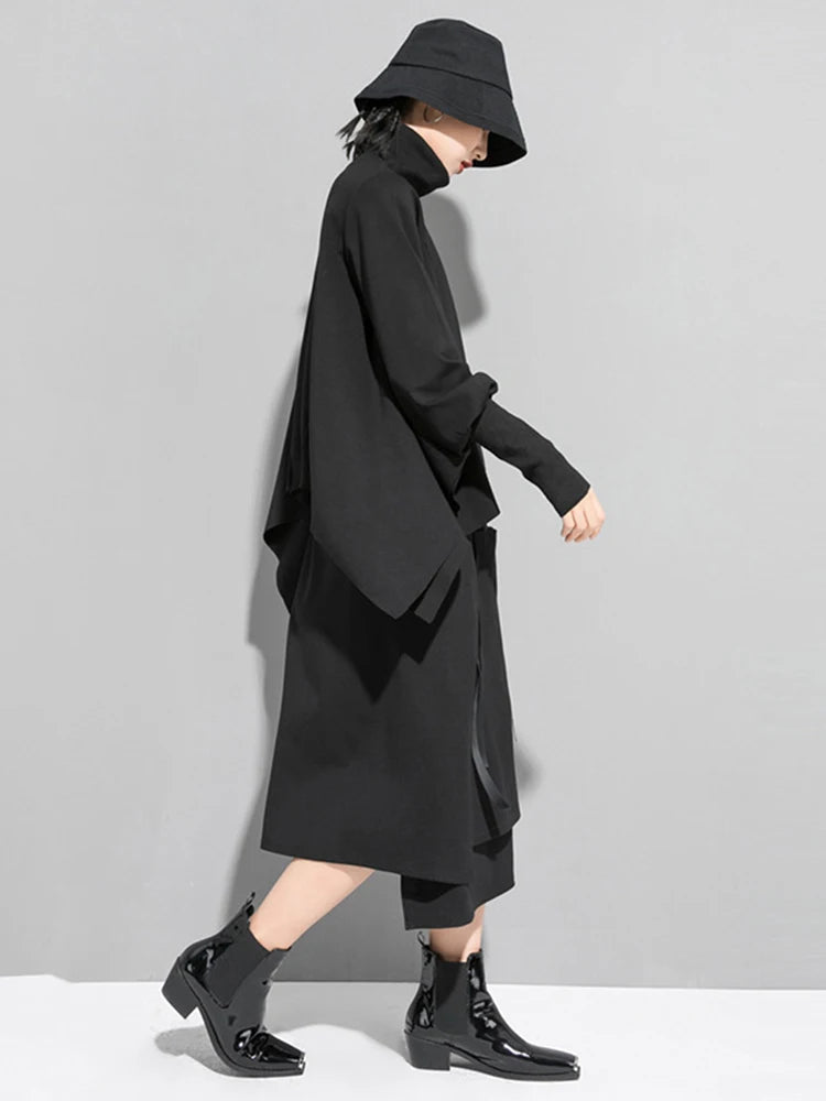 [EAM] Loose Fit Black Asymmetrical Big Size Sweatshirt New Turtleneck Long Sleeve Women Big Size Fashion Tide Spring 2026 OA869