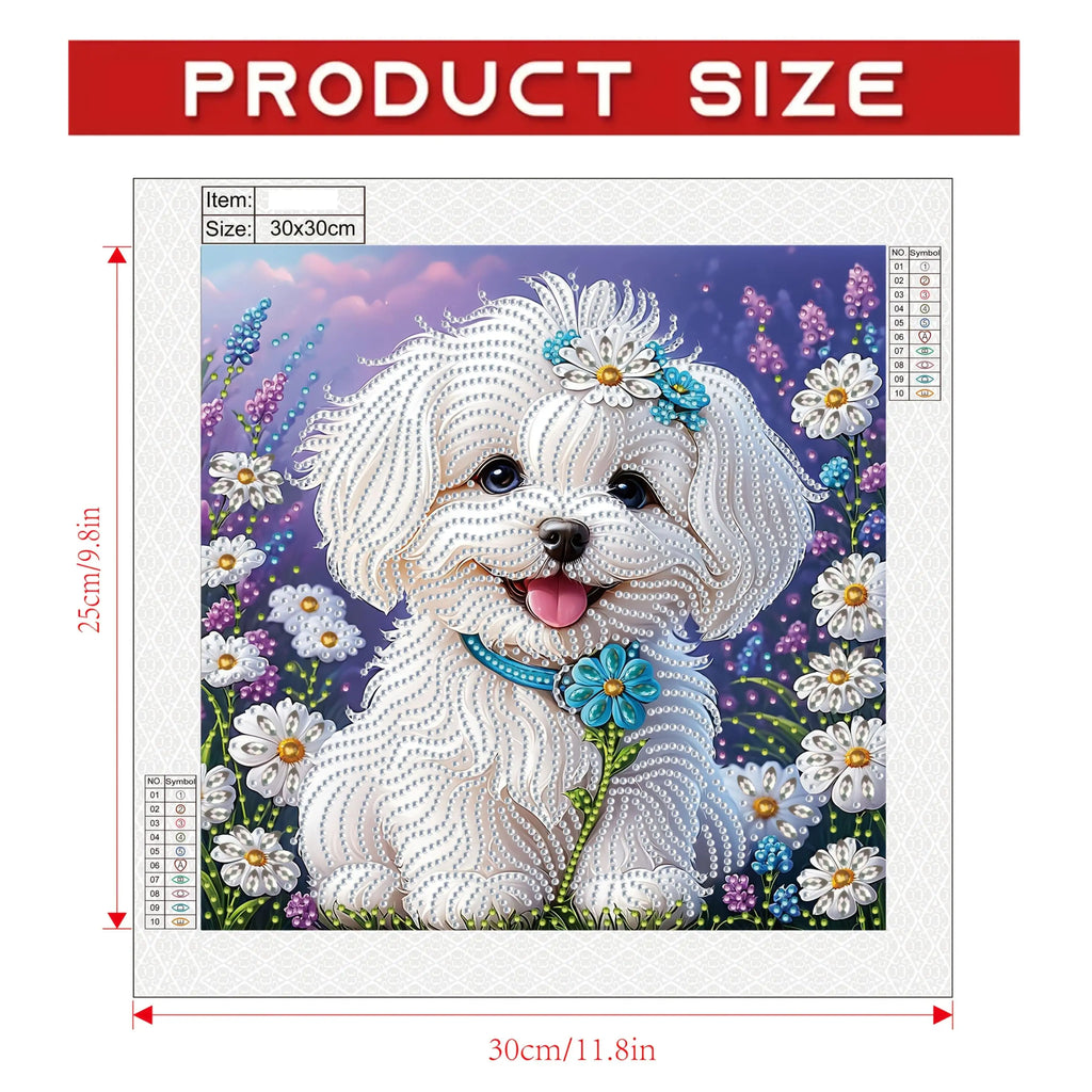 A set of "White Puppy Wearing Flowers" 5D Diamond Painting Kit, DIY handmade craft, partially adorned with irregular diamonds