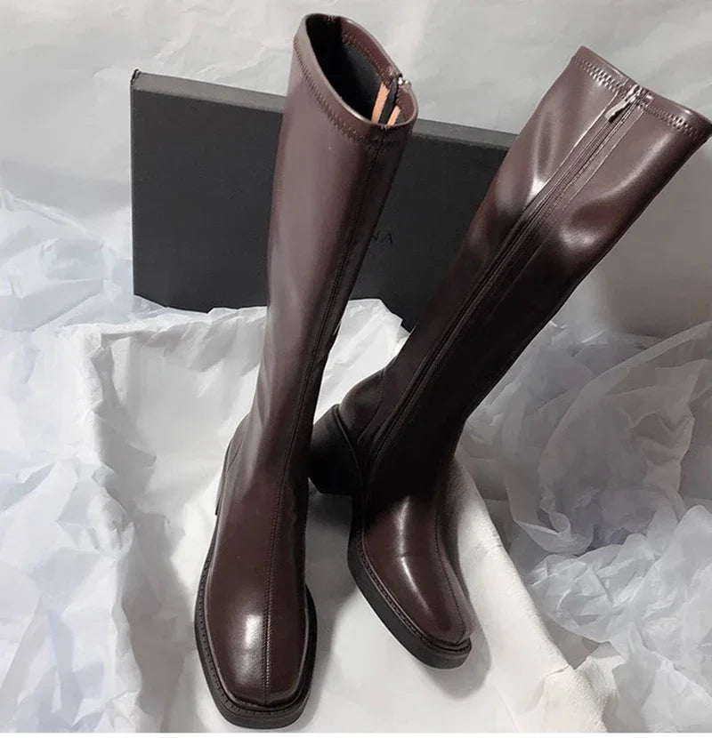 Vintage Thick Heel Women Knee High Boots Fashion Side Zippers Shoes Autumn Winter Ladies Concise Long Botas De Mujer