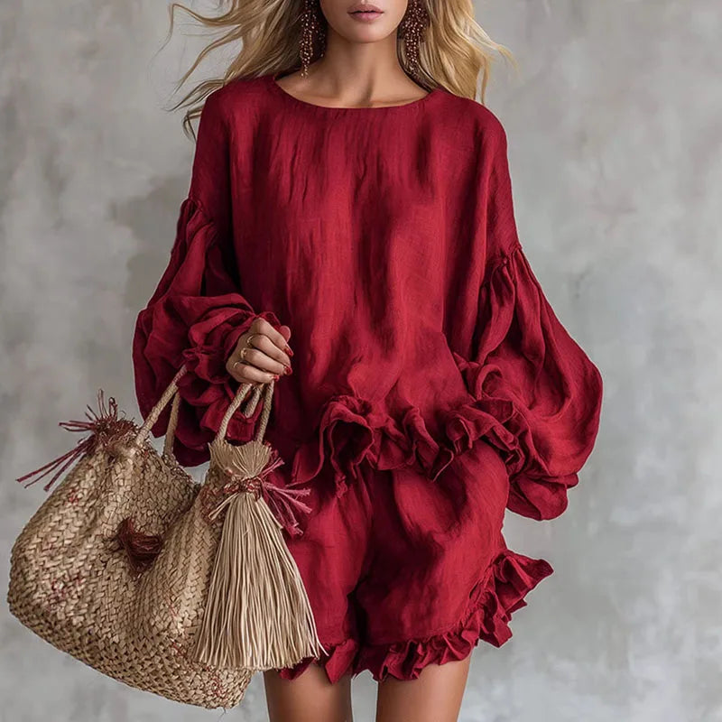 Bohemian Casual Vacation Outfits Woman Elegant O Neck Ruffle Hem Top And Beach Shorts Set Spring Solid Loose Fit Streetwear Suit