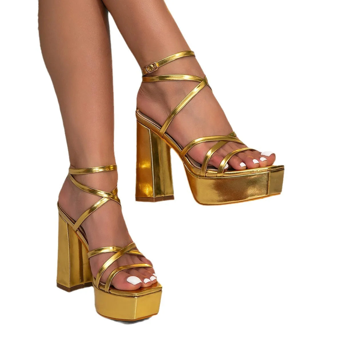 2026 Women's Gold Cross Strap Metallic Strappy Platform High Heels Chunky Sandals Party Evening Footwear Q-353