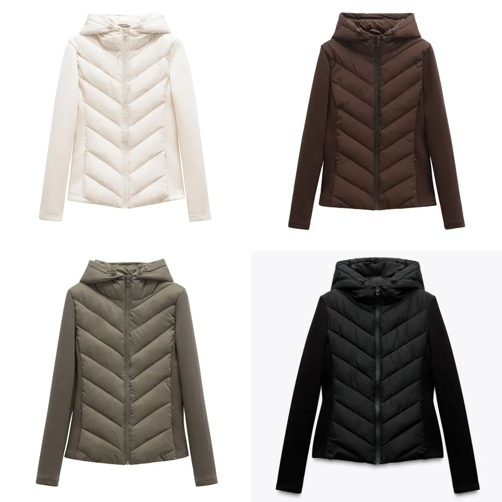 ETJ 2025 new  women's elegant fashion patchwork long sleeve standing collar hooded cotton jacket sport coat 8073227