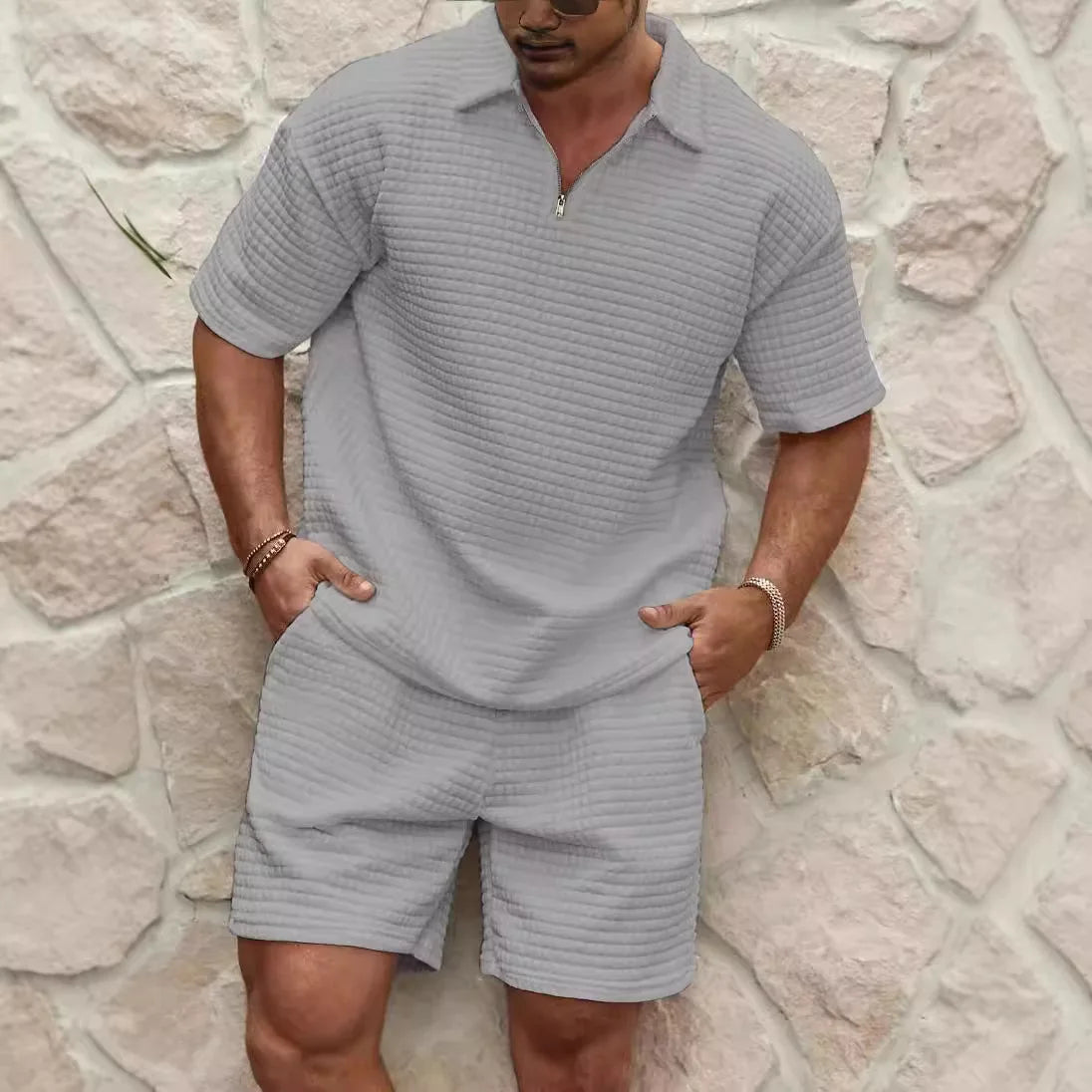 2025 Summer Men's Set New Fashionable Style Simple Waffle Color Solid Color Collar Polo Shirt Short Sleeve Shorts Sports Set