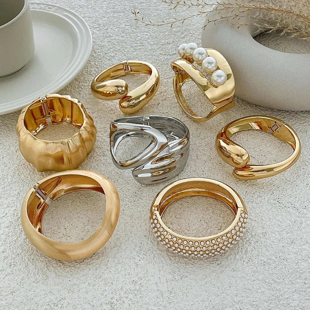 SHIXIN Design Geometric Water Drop Gold Color Wide Spring Bangles for Women Elegant Imitation Pearl Cuff Bracelets New Jewelry
