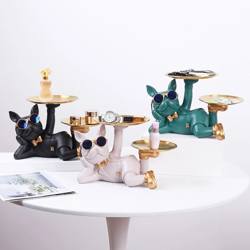 Resin Bulldog Desktop Storage Statue Animal Sculpture Dining Table Decor Multi Functional Office Home Decoration Tray Decor