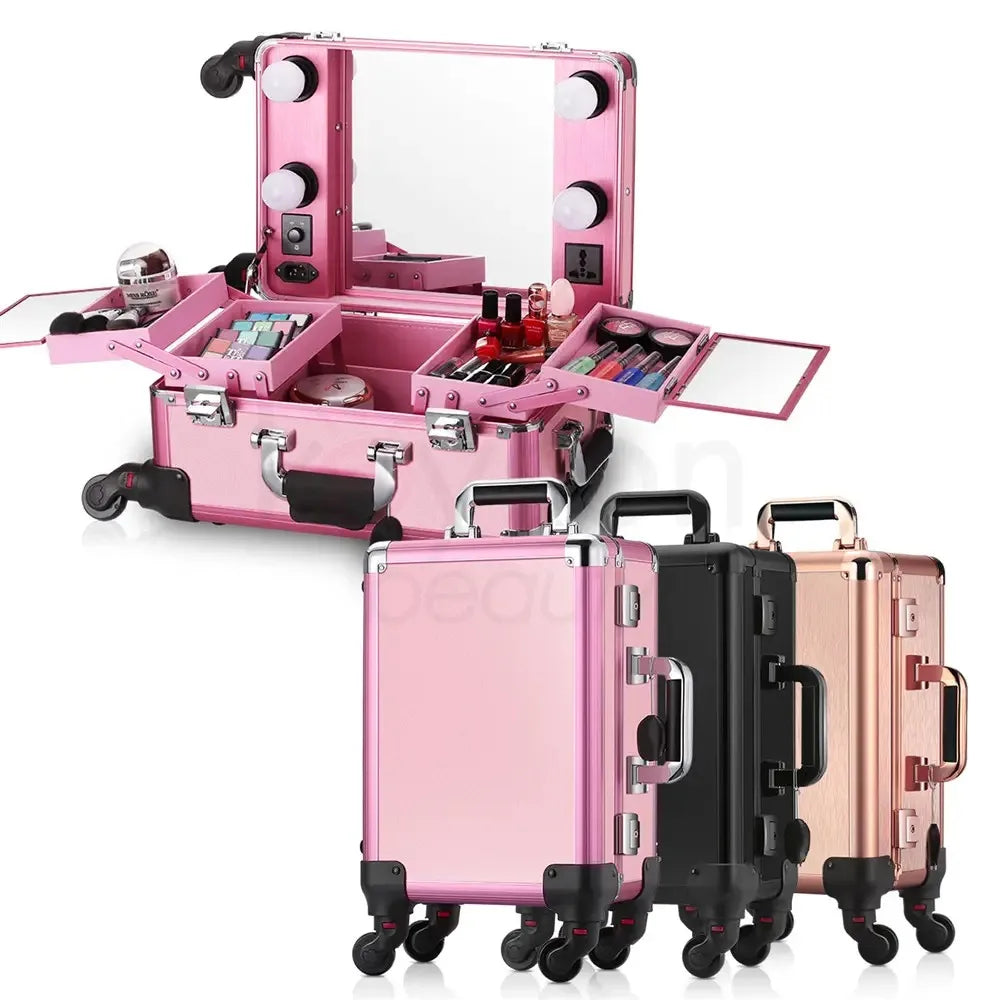 Professional Makeup Case for Makeup Artist Suitcase 16" Makeup Bag Trolley Mirror Lights Cosmetics Storage Box Rolling Luggage
