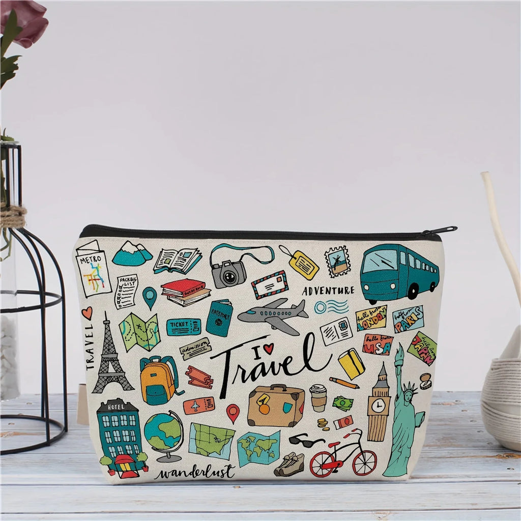 1 Travel-Themed Illustrated Makeup Bag - Multifunctional Zipper Pouch for Women, Jewelry Storage Bag, Perfect Travel Zipper Organizer, Fun Birthday Gift