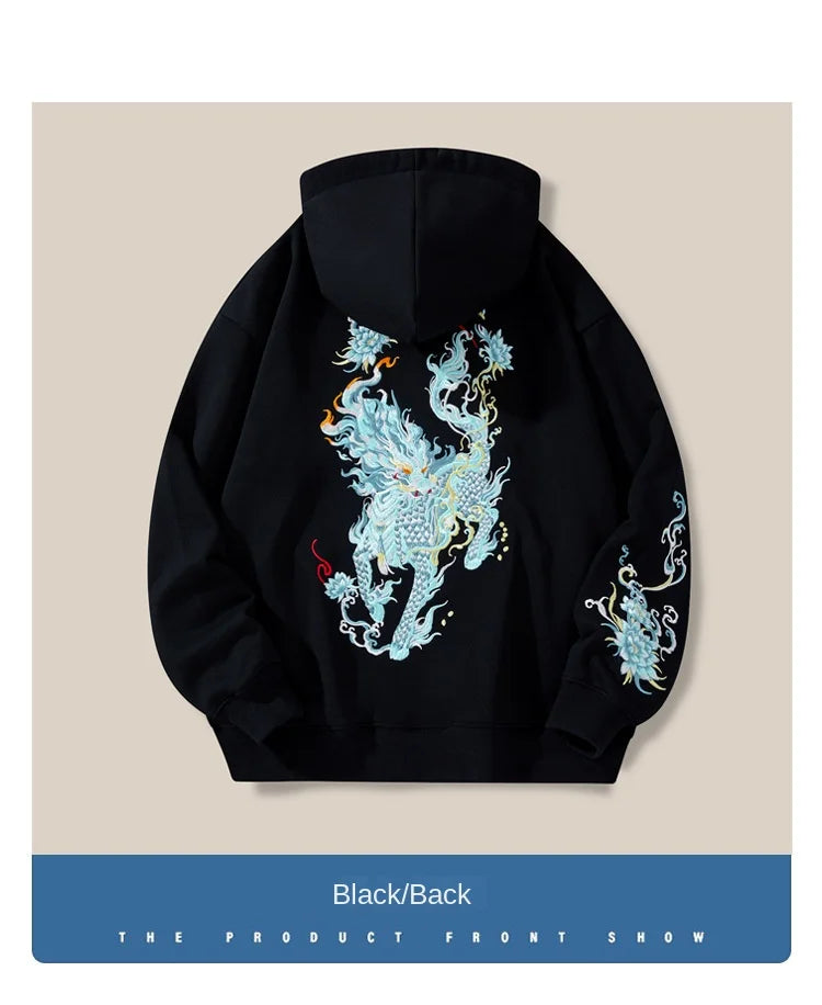 Vintage Hoodies Men Dragon Embroidery Hoodies Women Hip Hop Hooded Sweatshirt Chinese Streetwear Hoody Cotton Fleece Pullover