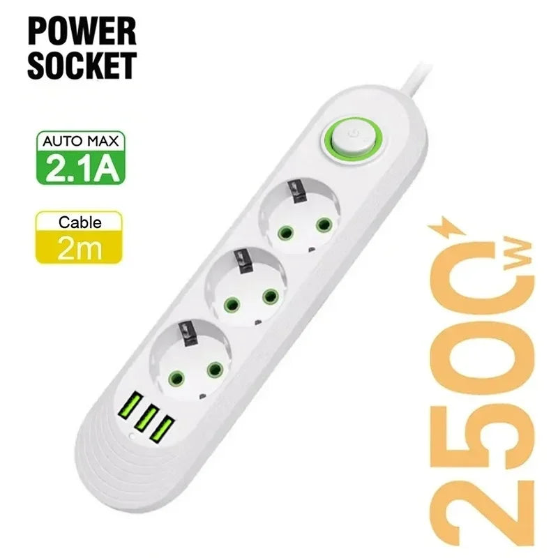 2500W EU Plug AC Outlet Multiprise Power Strip Extension Cord EU Socket Network Filter With USB Ports Charging 1pc
