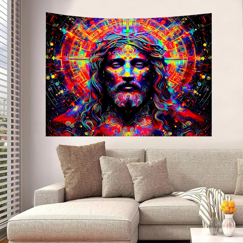 Jesus UV Reactive Wall Tapestry Psychedelic Geometric Neon Background for Bedroom Aesthetic Sofa Blanket Yoga Mat Home Decor