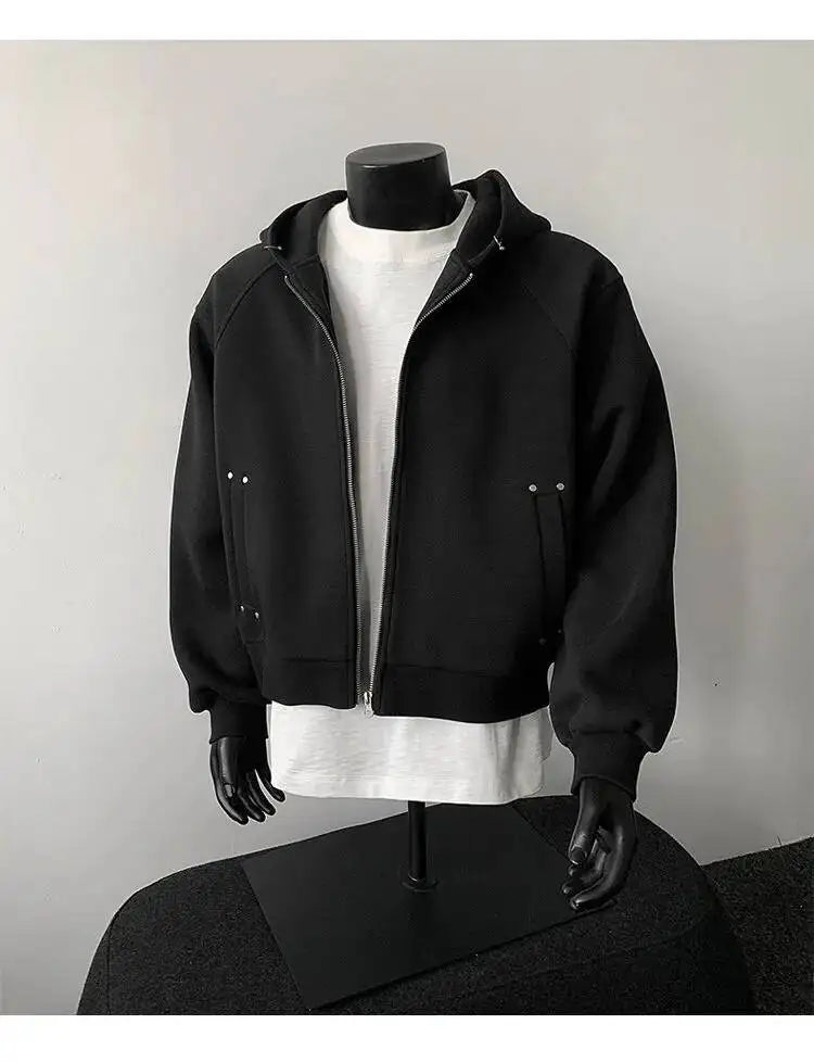 PFNW New Autumn Men's Sweatshirt 2025 Solid Color With Hat Long Sleeve Zipper Korea Fashion Male Tops 28W8776