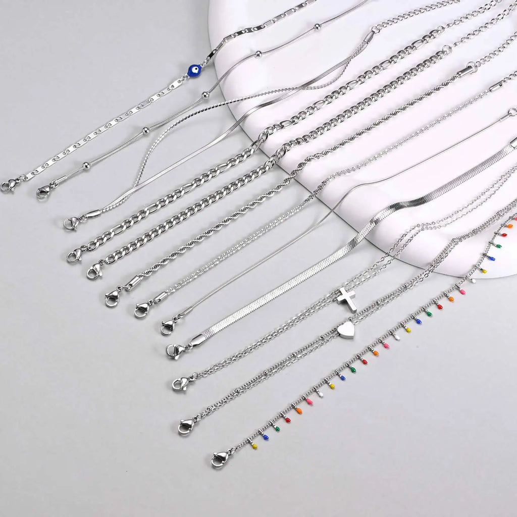 Silver Color Anklet Bracelets for Women Waterproof, Stainless Steel Layered Cuban Chain Herringbone Anklets Summer Beach Gift