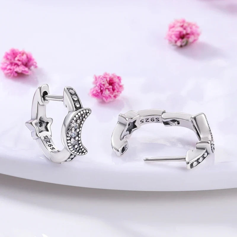Genuine 925 Sterling Silver Love Feather Earrings Fit Original Charms Hoop For Women Girls Stud Earring Fine Jewelry Gifts