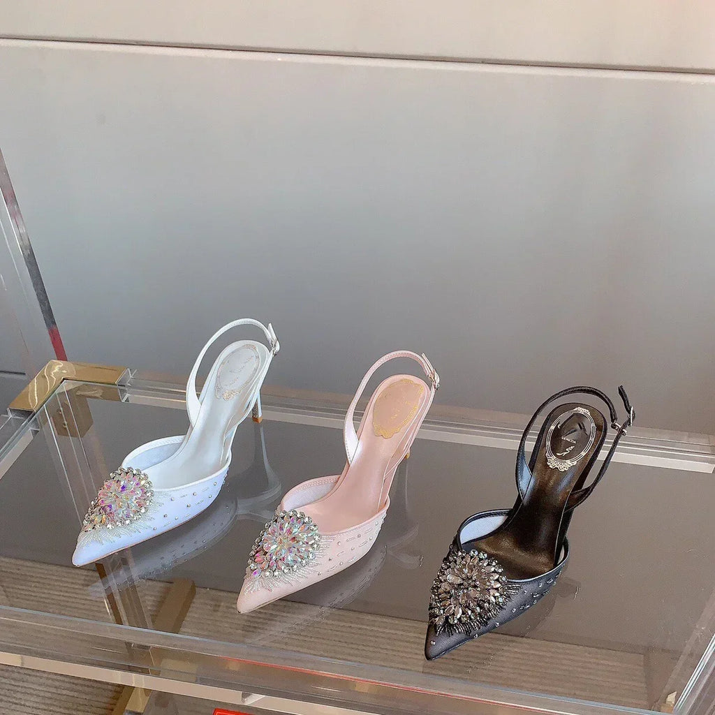 White Wedding Shoes, Rhinestone Pointed Crystal Toe Sandals, New High-heeled Shoes, Sexy Single Shoes