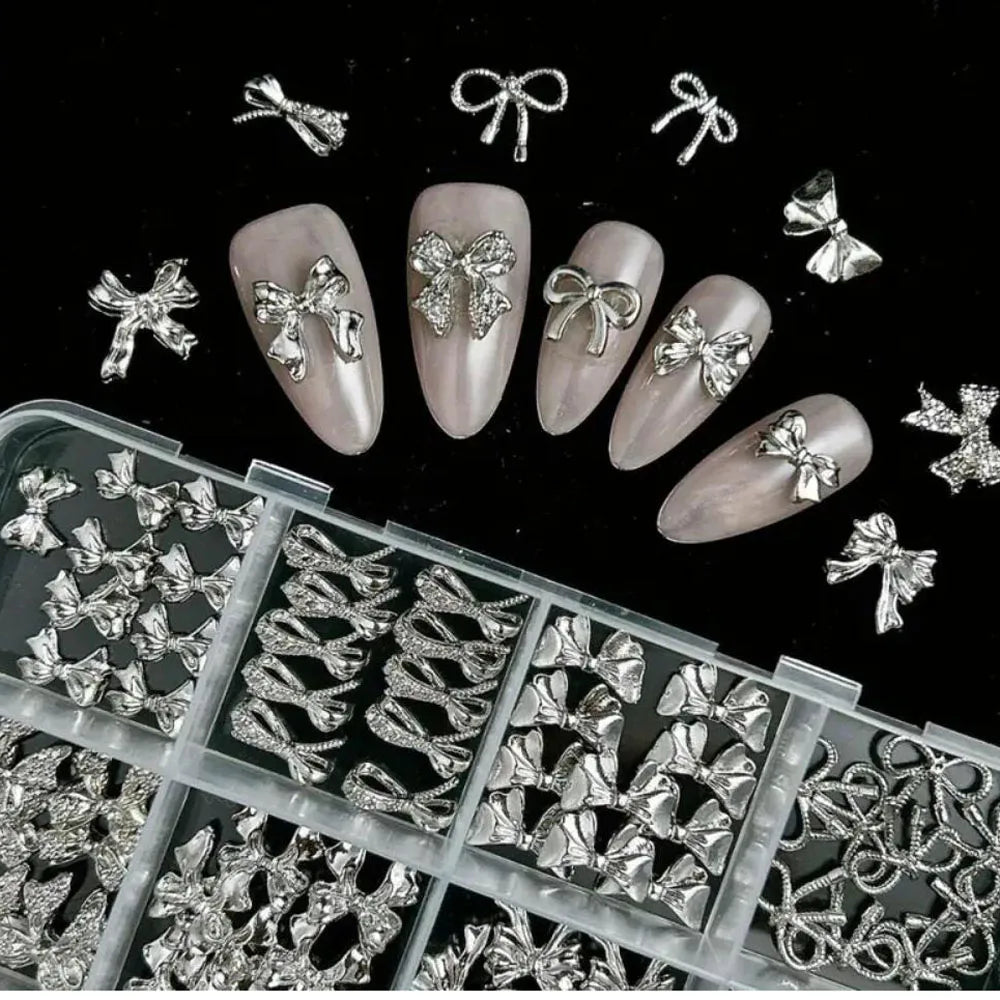 120Pcs/Box 3D Silver Exquisite Bowknot Nail Charms Simple Alloy Ribbon Bowtie Nail Art Decorations DIY Luxury Manicure Accessory