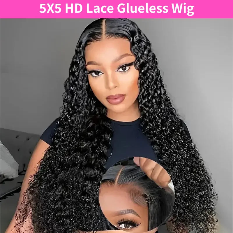 Curly 4x4 5x5 Glueless Lace Front Wig 220 Density Natural Color Deep Wave Pre Cut Brazilian Human Hair HD Lace wigs Water Wave