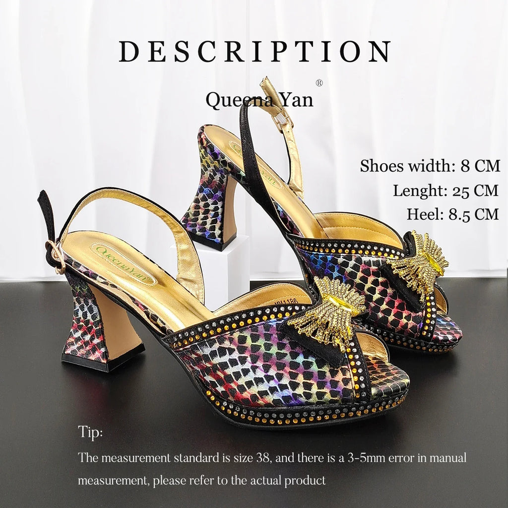 QueenaYan 2026 New Italian Pumps and Bag To Party  INS Style Open-Toe Rhinestone Elegant High Heels for Women Party