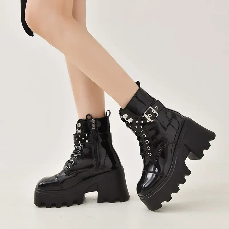 2024 Platform Thick Gothic Boots Lady Buckle Autumn Shoes Women Wedges Knee High Boots Punk Street  Motorcycle Chain