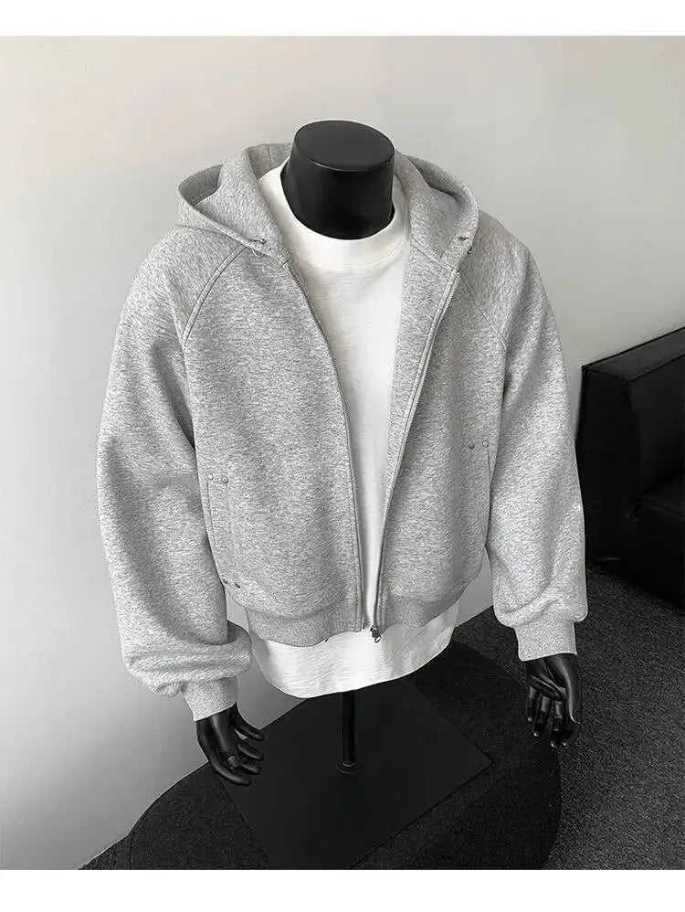 PFNW New Autumn Men's Sweatshirt 2025 Solid Color With Hat Long Sleeve Zipper Korea Fashion Male Tops 28W8776