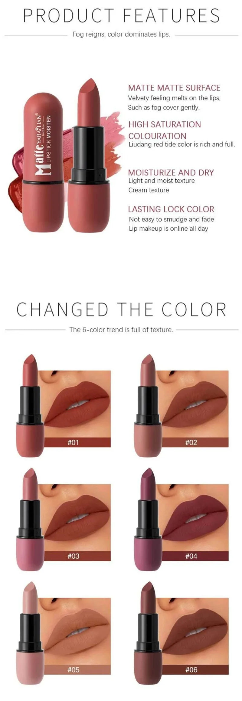 6-Color Matte Velvet Sexy Lipstick Waterproof Long-Lasting Nude Brown Lipstick Smooth High Pigment Profissional Lipgloss Makeup