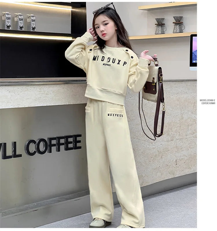 2025 teenager Gray girls Sport Suit winter spring Clothes Long Sleeve sweatshirt & wide leg Pant Casual 4 8 10 11 12 Years