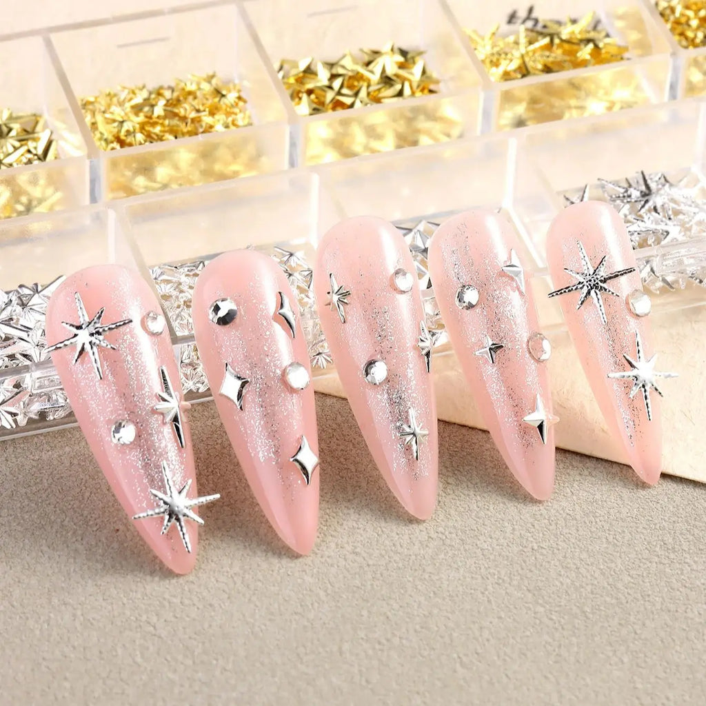 6/12Grids Gold Star Moon Metallic Rivet 3D Nail Charms Alloy Sun Moon Starlight Rhinestones Nail Studs For Nail Art Decoration