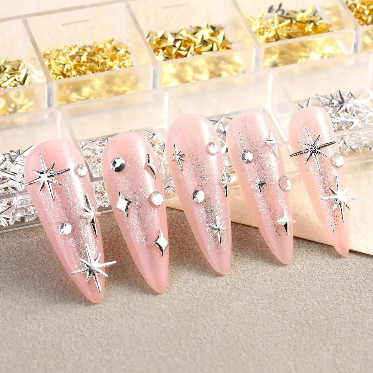6/12Grids Gold Star Moon Metallic Rivet 3D Nail Charms Alloy Sun Moon Starlight Rhinestones Nail Studs For Nail Art Decoration