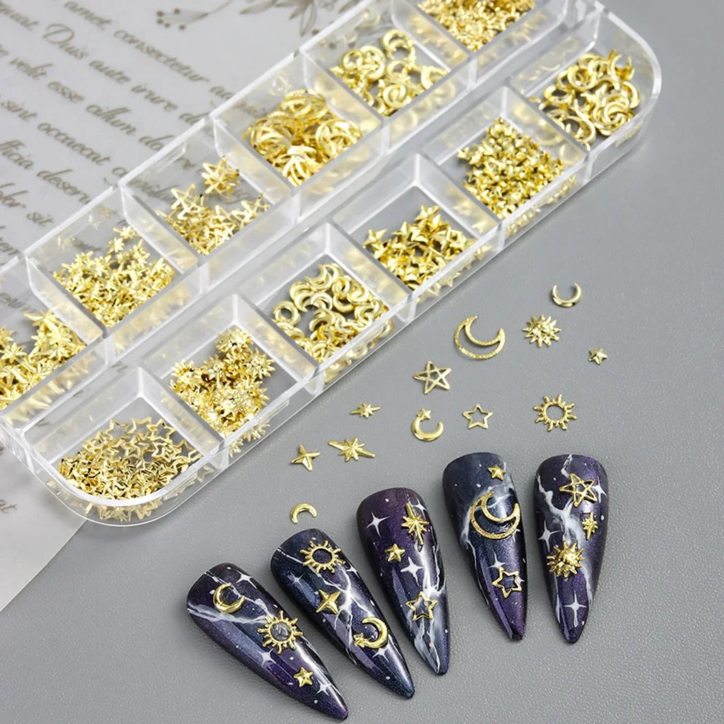 6/12Grids Gold Star Moon Metallic Rivet 3D Nail Charms Alloy Sun Moon Starlight Rhinestones Nail Studs For Nail Art Decoration