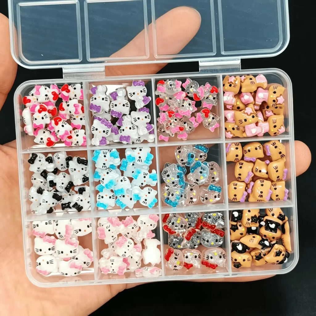 120PCS Box Mixed Hello Kitty 3D Nail Charms Cute Cartoon Resin Ornaments Kawaii DIY Nail Art Manicure Decor Accessories