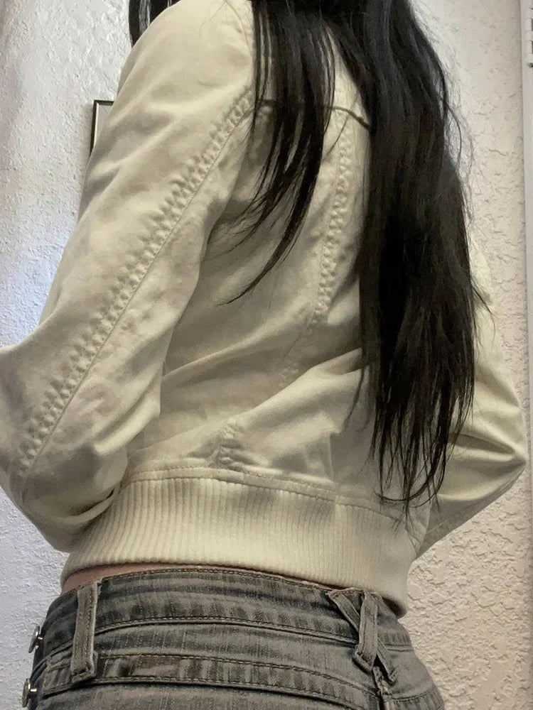 Vintage Cropped Jackets Women Harajuku Casual Slim Fit Zipper Coat Y2K Streetwear Long Sleeve Outerwear Autumn New Arrival