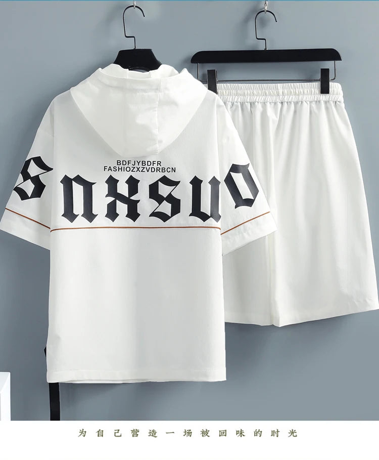 2 Pcs/Set Men Tracksuit Short Sleeve Hoodies+Pants Hooded Elastic Waist Summer Hip Hop Sweatshirt Sweatpants Loose Set
