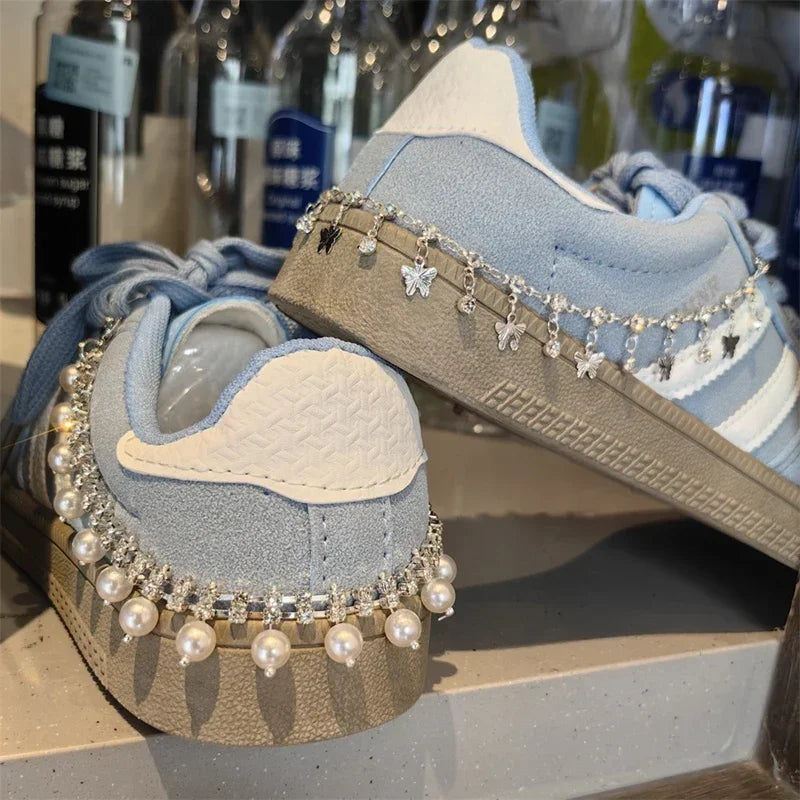 New Luxury Rhinestone Butterfly Bow Girl Shoe Charms Fashion Sneakers Pearl Heel Shoes Chain Shoes Decoration Accessorie 1Pcs