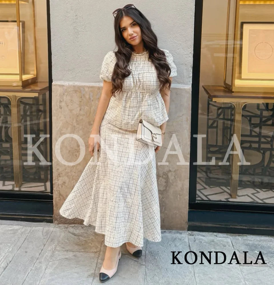 KONDALA Chic Embroidery Plaid Skirt Set Women Trendy 2026 Spring Summer Holidays Casual Set Puff Sleeve Shirts, A-Line Skirts