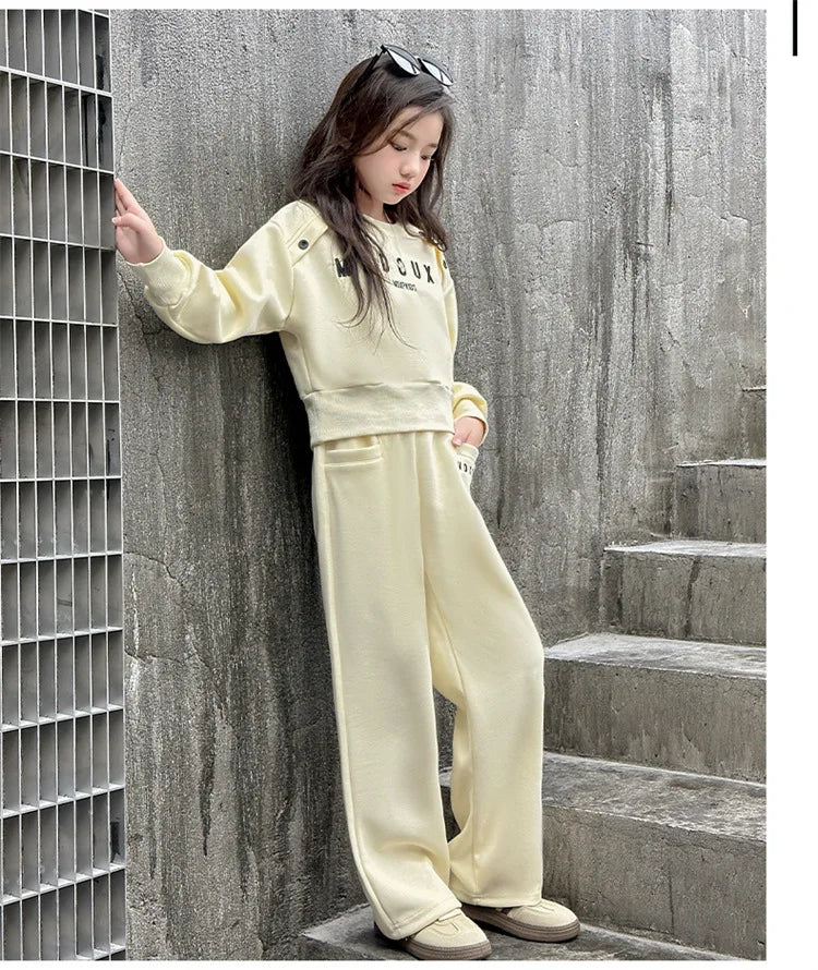 2025 teenager Gray girls Sport Suit winter spring Clothes Long Sleeve sweatshirt & wide leg Pant Casual 4 8 10 11 12 Years