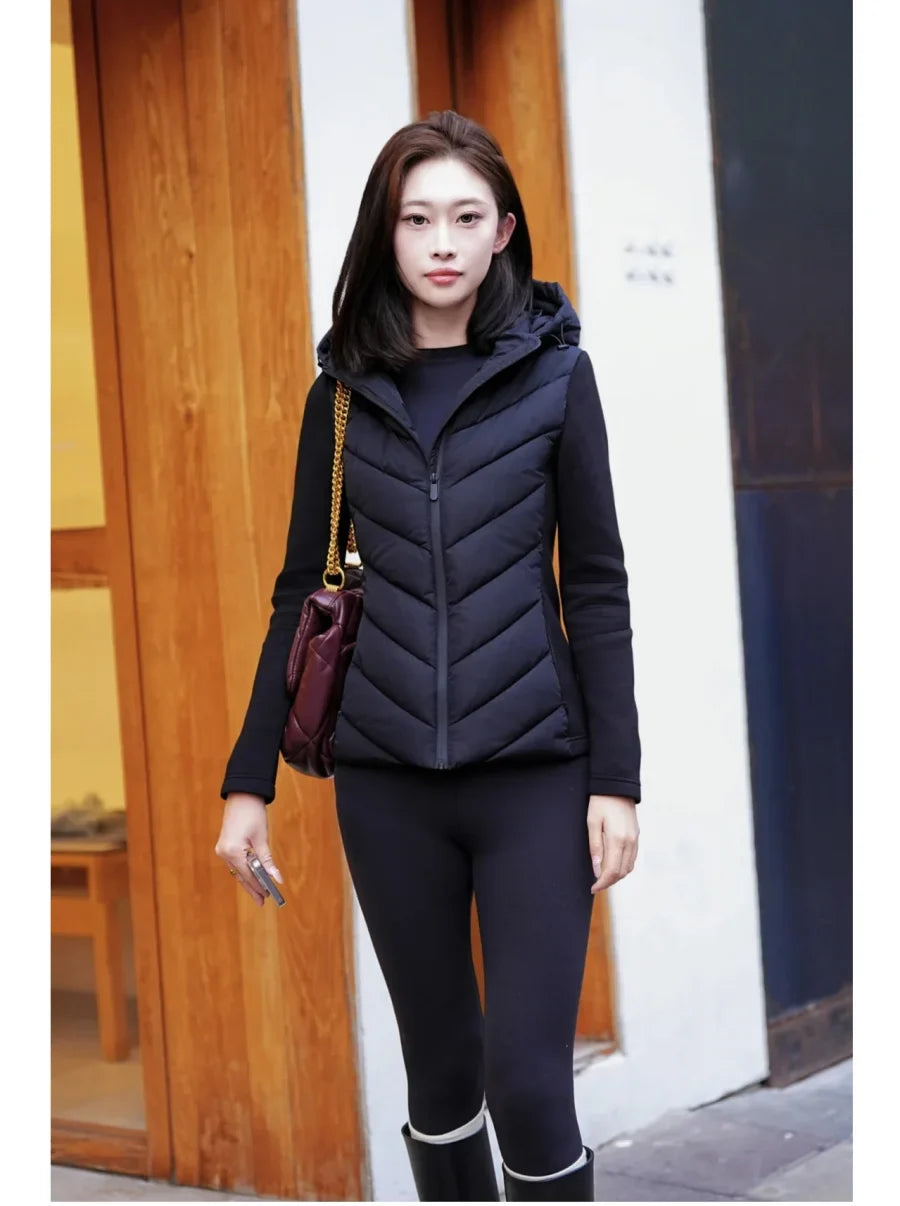 ETJ 2025 new  women's elegant fashion patchwork long sleeve standing collar hooded cotton jacket sport coat 8073227