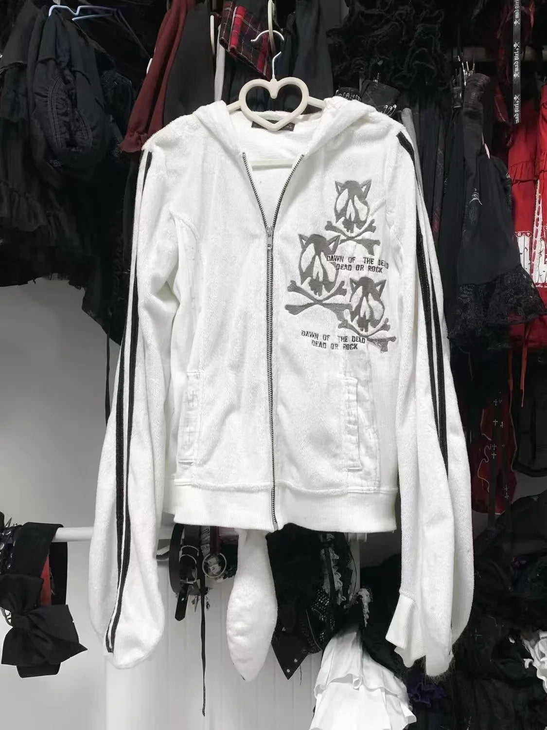 Y2k Spicy Girl Contrasting Striped Skeleton Raccoon Embroidered Hooded Sweatshirt Hip-hop Punk Style Autumn Pendant Loose Jacket
