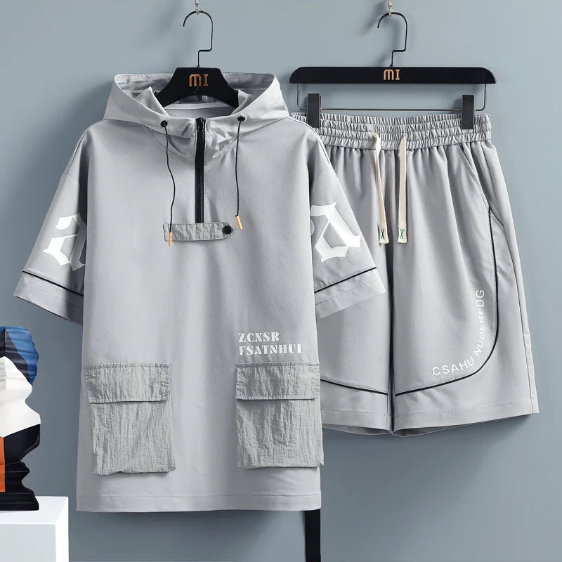 2 Pcs/Set Men Tracksuit Short Sleeve Hoodies+Pants Hooded Elastic Waist Summer Hip Hop Sweatshirt Sweatpants Loose Set