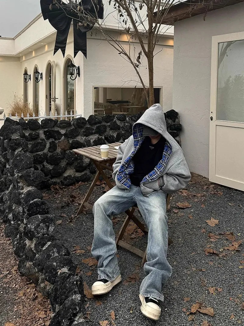 Oversized Reversible Hoodies Men Street Casual Spring Clothes Hoodie with Plaid Lining Solid Color Sweatshirt Streetwear