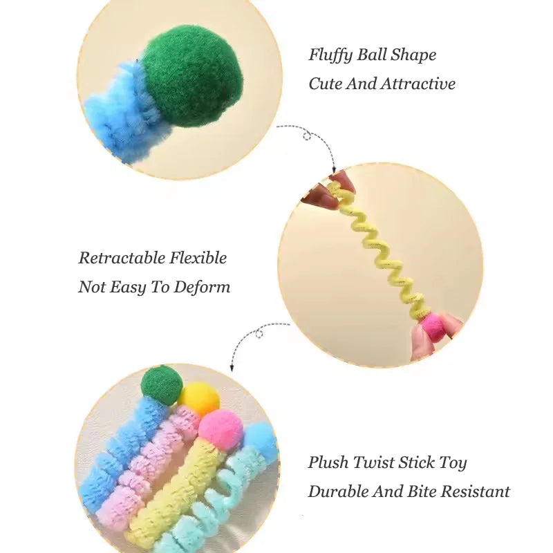 Interactive Cat Toy Spring Twist Stick Plush Ball Bite Resistant Teeth Grinding Plushie for Kittens Entertainment Boredom Relief