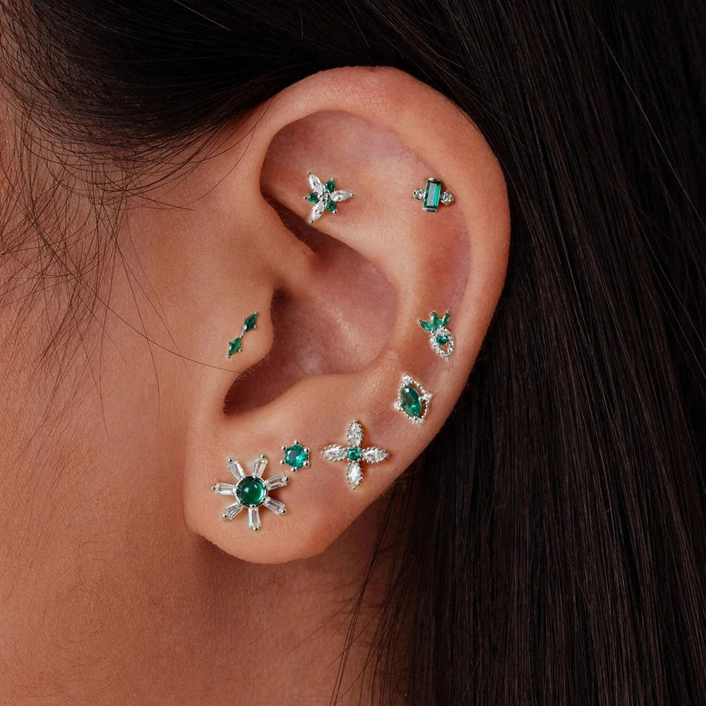 2PC Stainless Steel Little Stud Earring for Women Tiny Green Crystal Zirconia Cartilage Helix Tragus Piercing Earrings Jewelry