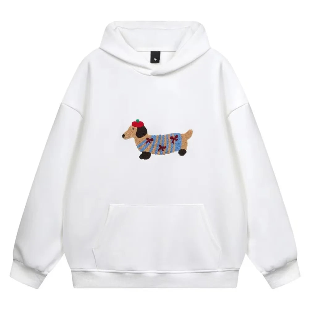 Unisex Hooded Sweatshirt Chinese Style Printed Loose Fit Couple Top Autumn Winter Casual Streetwear Minimalist Pullover