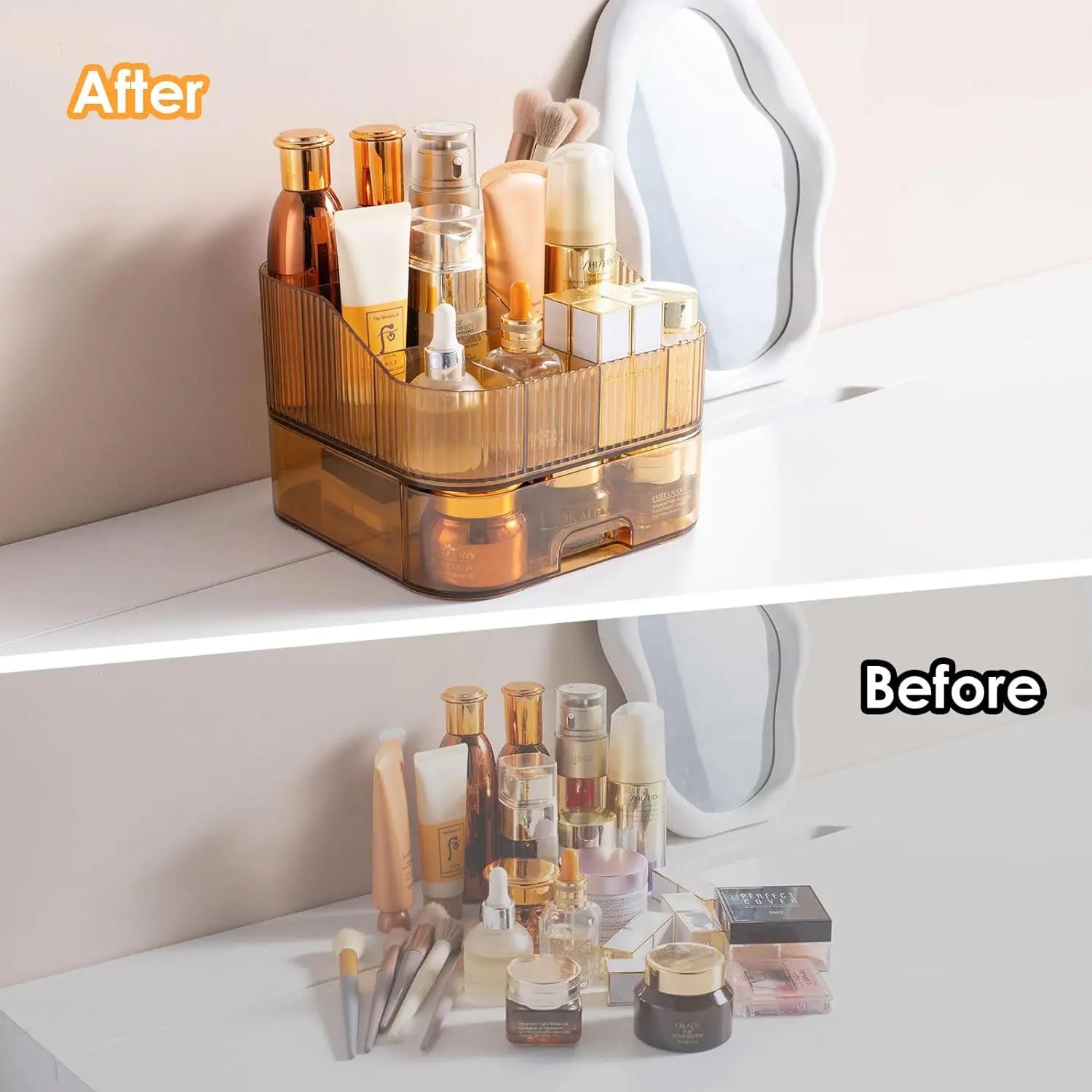 Makeup Organizer with Stackable Drawer Countertop Vanity Cosmetics Organizers for Skincare Perfumes Lotions Lipsticks