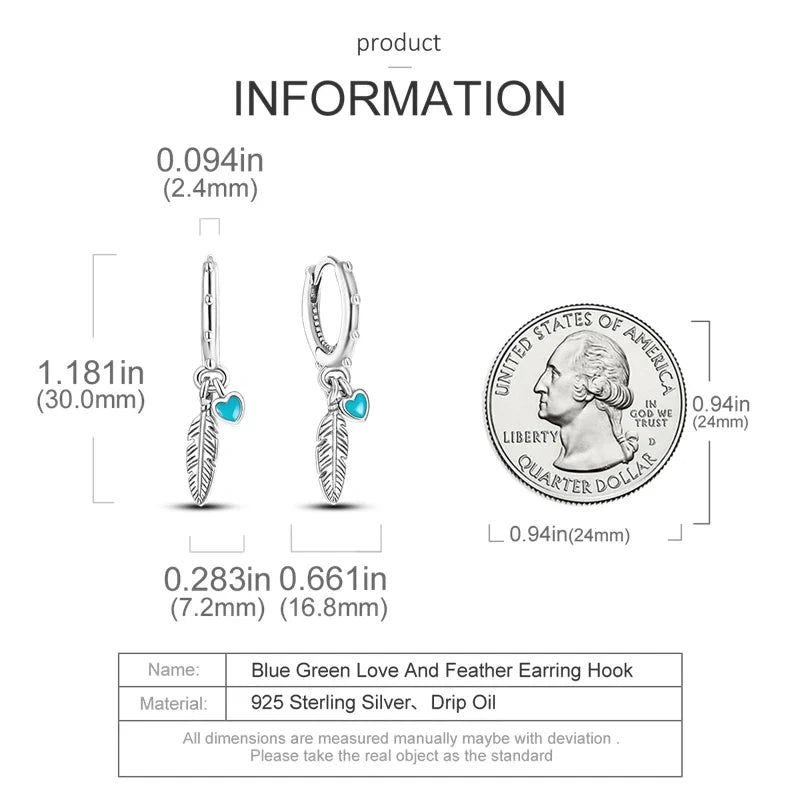 Genuine 925 Sterling Silver Love Feather Earrings Fit Original Charms Hoop For Women Girls Stud Earring Fine Jewelry Gifts