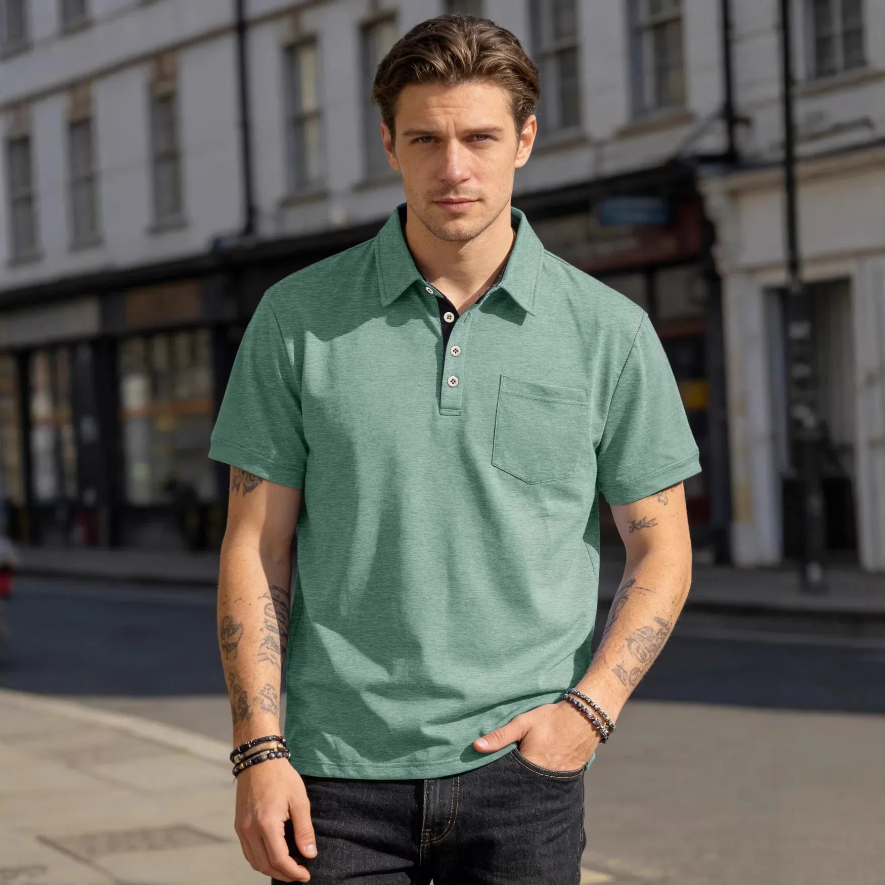 Men's Casual Business Polo Shirt Lapel Collar Chest Pocket Loose Short Sleeve Summer Daily Wear 2026 Summer New Men's Polo Shirt