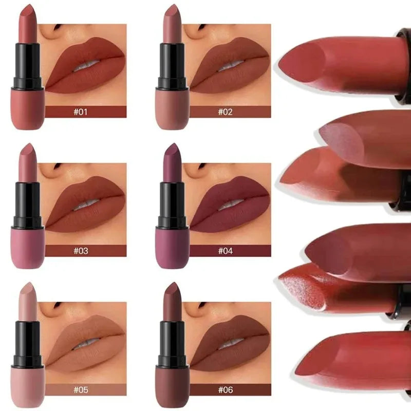 6-Color Matte Velvet Sexy Lipstick Waterproof Long-Lasting Nude Brown Lipstick Smooth High Pigment Profissional Lipgloss Makeup